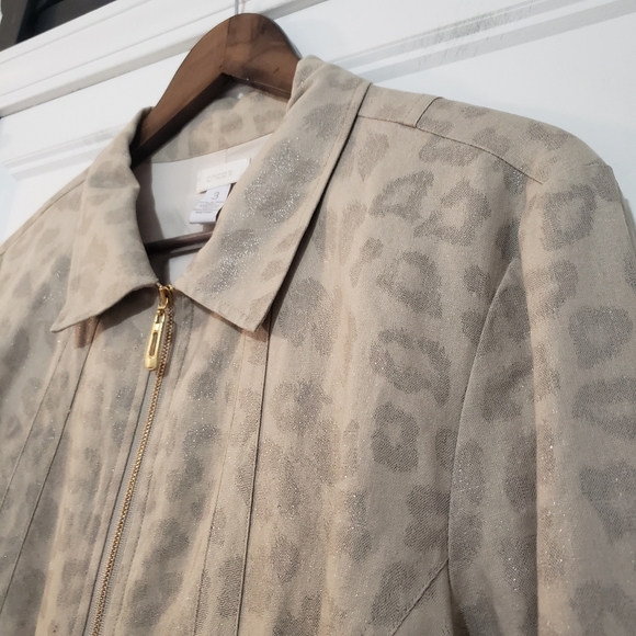 Chicos Womens 3 XL Leopard Full Zip Jacket Cotton Linen Beige Musturd Metallic - Picture 3 of 10